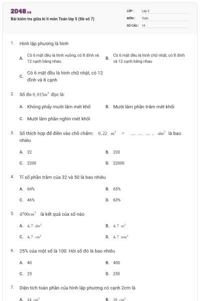 Bài kiểm tra giữa kì II môn Toán lớp 5 (Đề số 7)
