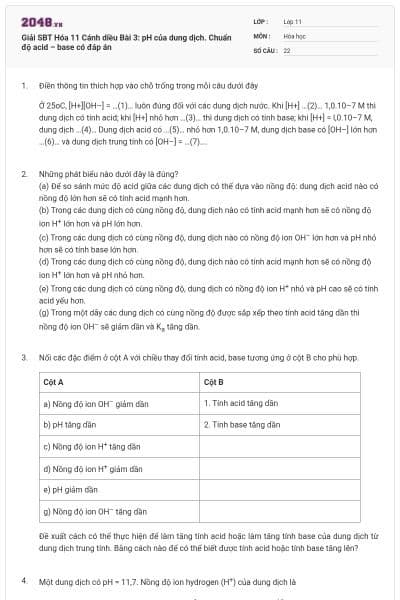 Giải SBT Hóa 11 Cánh diều Bài 3: pH của dung dịch. Chuẩn độ acid – base có đáp án