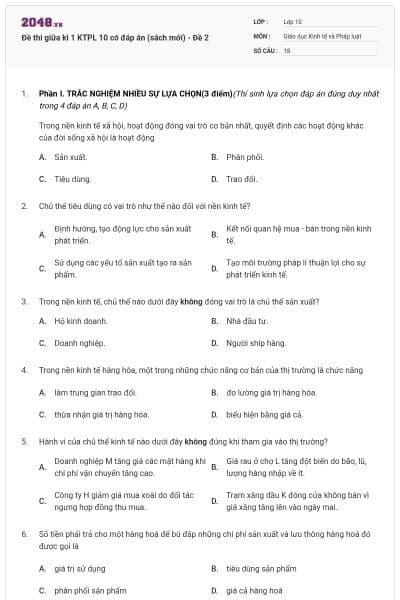 Đề thi giữa kì 1 KTPL 10 có đáp án (sách mới) - Đề 2