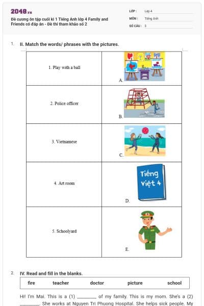 Đề cương ôn tập cuối kì 1 Tiếng Anh lớp 4 Family and Friends có đáp án - Đề thi tham khảo số 2