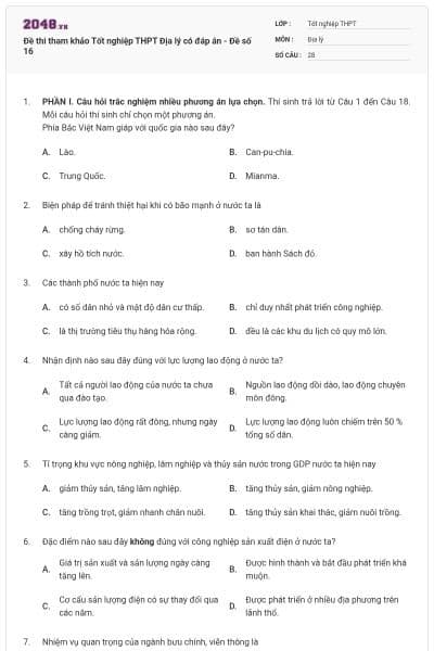 Đề thi tham khảo Tốt nghiệp THPT Địa lý có đáp án - Đề số 16