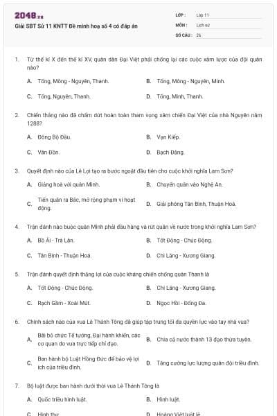Giải SBT Sử 11 KNTT Đề minh hoạ số 4 có đáp án