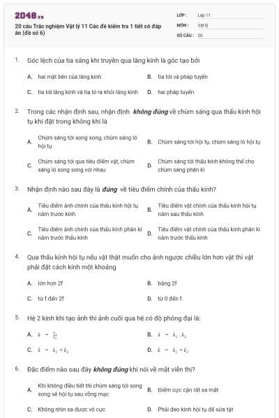 20 câu  Trắc nghiệm Vật lý 11 Các đề kiểm tra 1 tiết có đáp án (đề số 6)