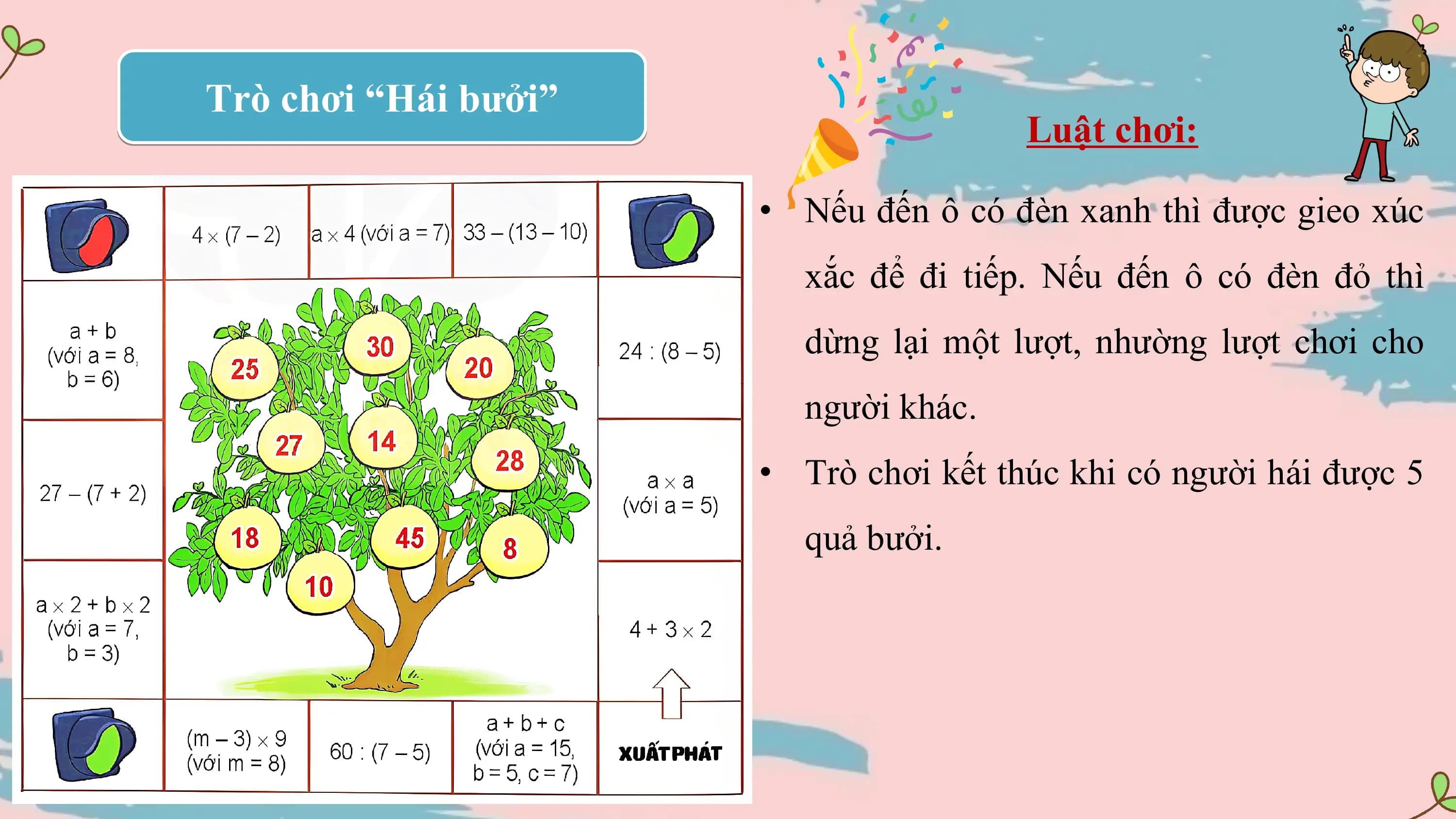 Trò chơi “Hái bưởi”
 Luật chơi:

 • Nếu đến ô có đèn xanh thì được gieo xúc
 xắc để đi tiếp. Nếu đến ô có đèn đỏ thì
 dừng lại một lượt, nhường lượt chơi cho
 người khác.
 • Trò chơi kết thúc khi có người hái được 5
 quả bưởi.