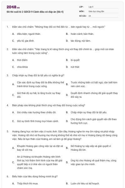 Đề thi cuối kì 2 GDCD 9 Cánh diều có đáp án (Đề 4)