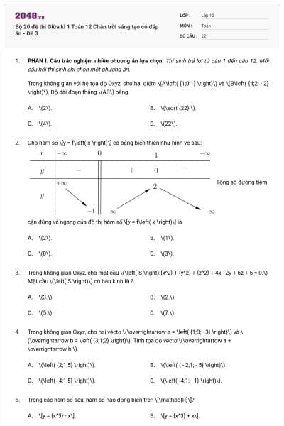 Bộ 20 đề thi Giữa kì 1 Toán 12 Chân trời sáng tạo có đáp án - Đề 3