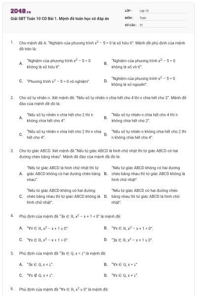 Giải SBT Toán 10 CD Bài 1. Mệnh đề toán học có đáp án