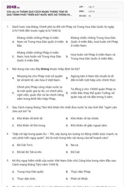 220 câu về THÀNH QUẢ CÁCH MẠNG THÁNG TÁM VÀ QUÁ TRÌNH PHÁT TRIỂN ĐẤT NƯỚC MỨC ĐỘ THÔNG HIỂU (P1)