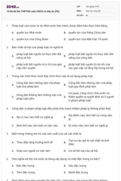 10 Đề thi thử THPTQG môn GDCD có đáp án (P6)