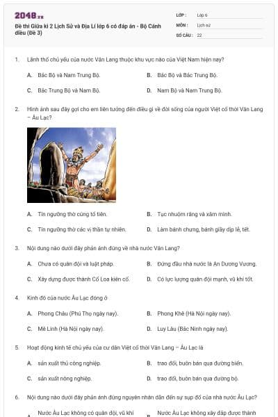 Đề thi Giữa kì 2 Lịch Sử và Địa Lí lớp 6 có đáp án - Bộ Cánh diều (Đề 3)