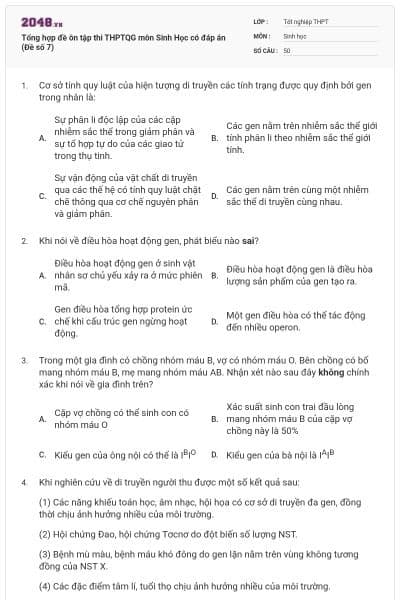 Tổng hợp đề ôn tập thi THPTQG môn Sinh Học có đáp án (Đề số 7)