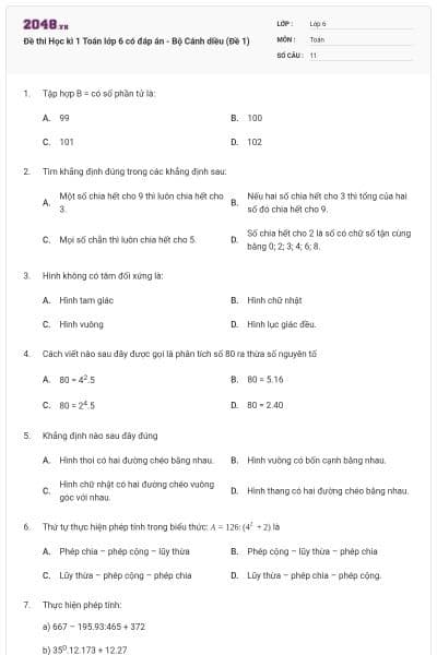 Đề thi Học kì 1 Toán lớp 6 có đáp án - Bộ Cánh diều (Đề 1)