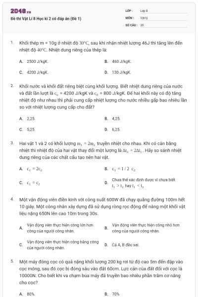 Đề thi Vật Lí 8 Học kì 2 có đáp án (Đề 1)