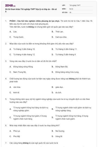 Đề thi tham khảo Tốt nghiệp THPT Địa lý có đáp án - Đề số 6