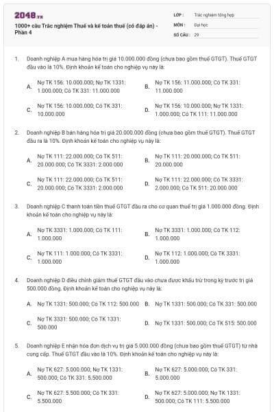 1000+ câu Trắc nghiệm Thuế và kế toán thuế (có đáp án) - Phần 4