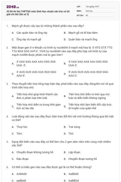30 Đề thi thử THPTQG môn Sinh Học chuẩn cấu trúc có lời giải chi tiết (Đề số 3)