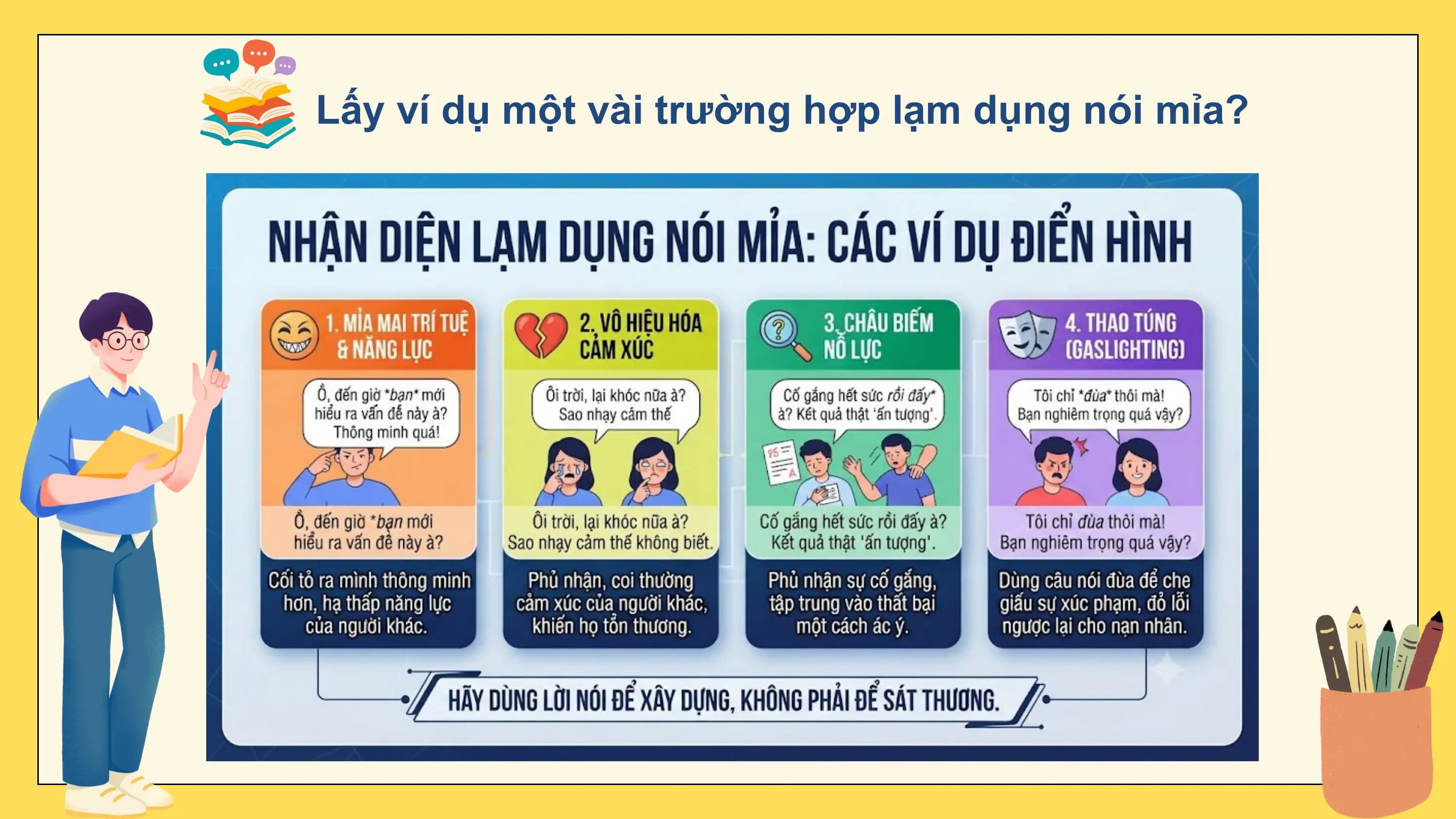 Lấy ví dụ một vài trường hợp lạm dụng nói mỉa?
