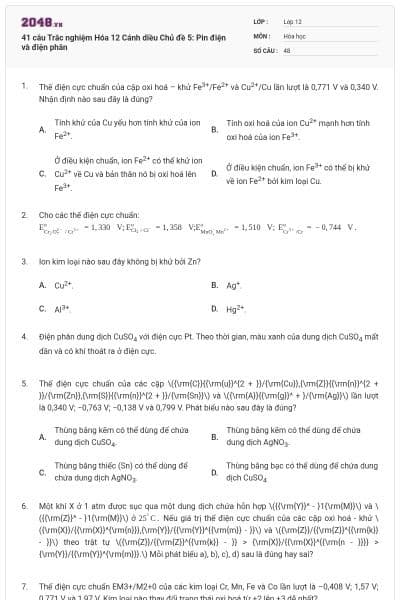 41 câu Trắc nghiệm Hóa 12 Cánh diều Chủ đề 5: Pin điện và điện phân