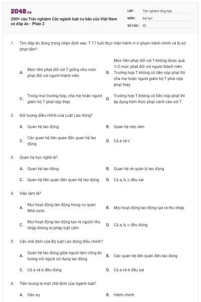 200+ câu Trắc nghiệm Các ngành luật cơ bản của Việt Nam có đáp án - Phần 2