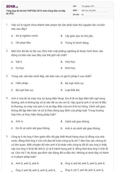 Tổng hợp đề thi thử THPTQG 2019 môn Công Dân có đáp án (P2)