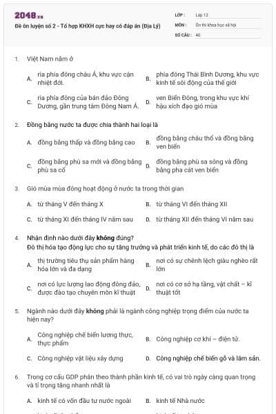 Đề ôn luyện số 2 - Tổ hợp KHXH cực hay có đáp án (Địa Lý)
