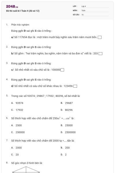 Đề thi cuối kì I Toán 4 (đề số 12)