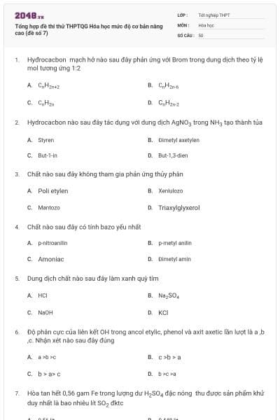 Tổng hợp đề thi thử THPTQG Hóa học mức độ cơ bản nâng cao (đề số 7)
