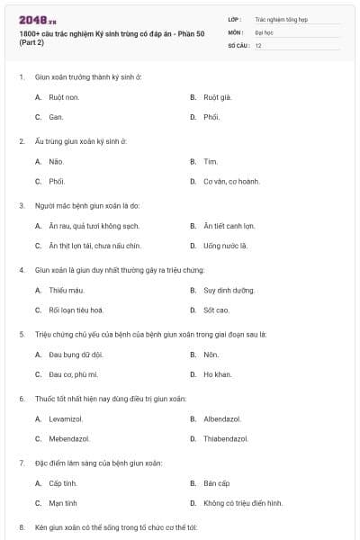 1800+ câu trắc nghiệm Ký sinh trùng có đáp án - Phần 50 (Part 2)