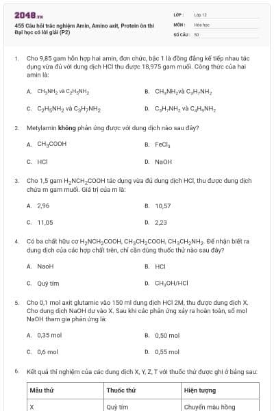 455 Câu hỏi trắc nghiệm Amin, Amino axit, Protein ôn thi Đại học có lời giải (P2)