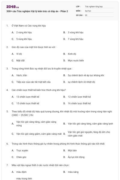 300+ câu Trắc nghiệm Vật lý kiến trúc có đáp án - Phần 2