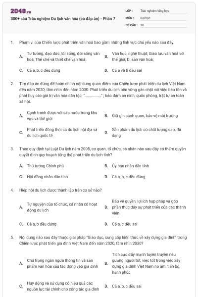 300+ câu Trắc nghiệm Du lịch văn hóa (có đáp án) - Phần 7