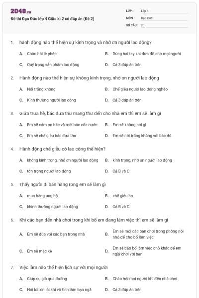 Đề thi Đạo Đức lớp 4 Giữa kì 2 có đáp án (Đề 2)