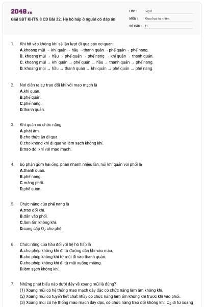 Giải SBT KHTN 8 CD Bài 32. Hệ hô hấp ở người có đáp án