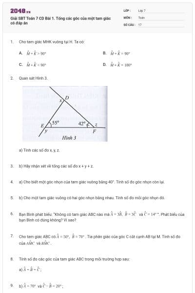 Giải SBT Toán 7 CD Bài 1. Tổng các góc của một tam giác có đáp án