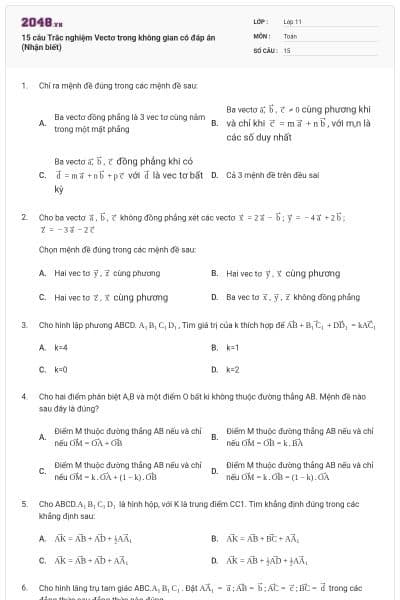 15 câu Trắc nghiệm Vectơ trong không gian có đáp án (Nhận biết)