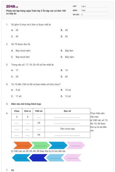 Phiếu bài tập hàng ngày Toán lớp 2 Ôn tập các số đến 100 có đáp án