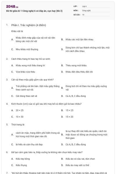 Đề thi giữa kì 1 Công nghệ 6 có đáp án, cực hay (Đề 3)