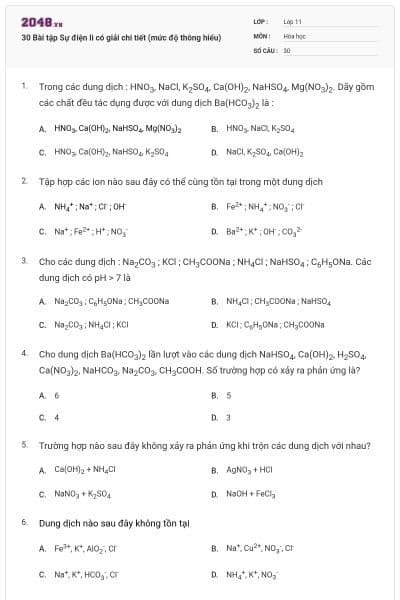 30 Bài tập Sự điện li có giải chi tiết (mức độ thông hiểu)