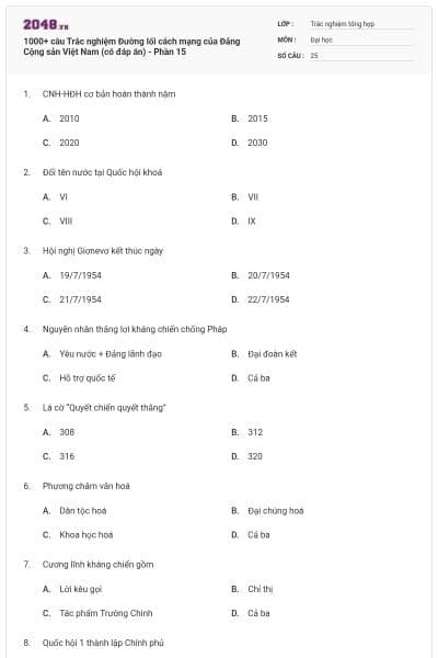 1000+ câu Trắc nghiệm Đường lối cách mạng của Đảng Cộng sản Việt Nam (có đáp án) - Phần 15