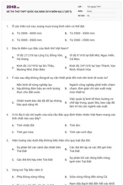 ĐỀ THI THỬ THPT QUỐC GIA NĂM 2019 MÔN ĐỊA LÍ (ĐỀ 5)