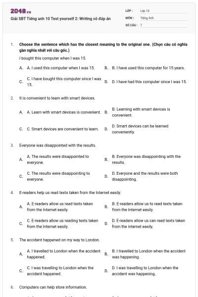 Giải SBT Tiếng anh 10 Test yourself 2: Writing có đáp án