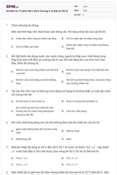 Đề kiểm tra 15 phút Vật Lí lớp 6 Chương 2 có đáp án (Đề 4)