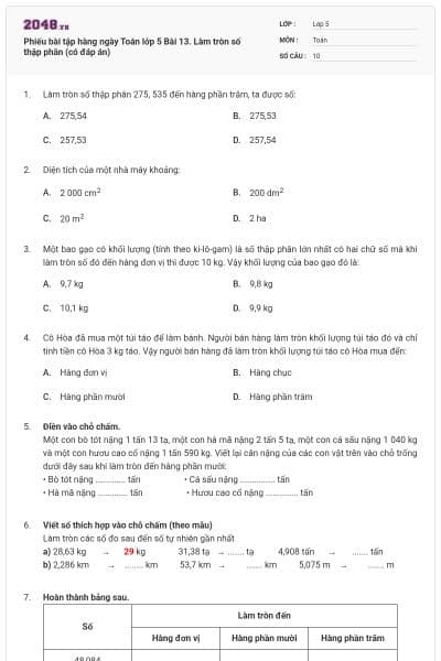 Phiếu bài tập hàng ngày Toán lớp 5 Bài 13. Làm tròn số thập phân (có đáp án)