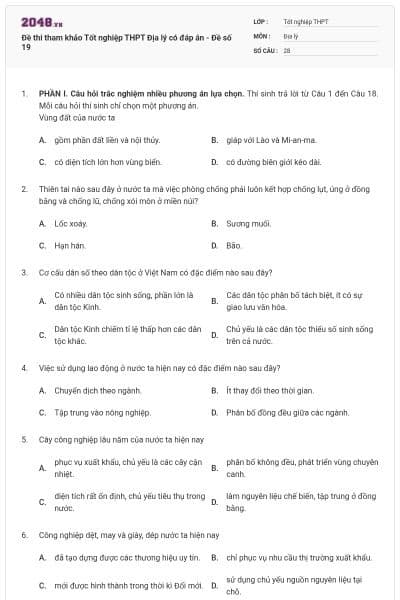 Đề thi tham khảo Tốt nghiệp THPT Địa lý có đáp án - Đề số 19