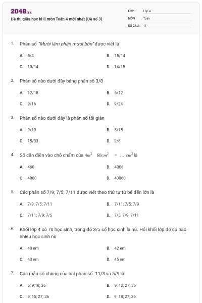 Đề thi giữa học kì II môn Toán 4 mới nhất (Đề số 3)