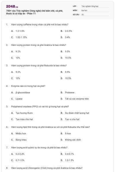 700+ câu Trắc nghiệm Công nghệ chế biến chè, cà phê, thuốc lá có đáp án - Phần 11