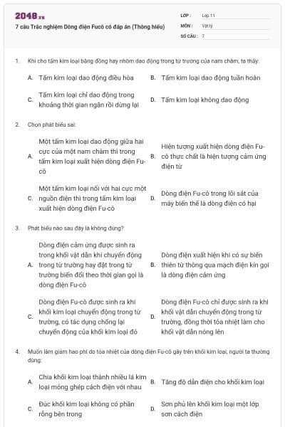 7 câu  Trắc nghiệm Dòng điện Fucô có đáp án (Thông hiểu)