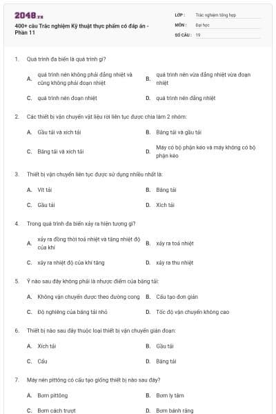 400+ câu Trắc nghiệm Kỹ thuật thực phẩm có đáp án - Phần 11
