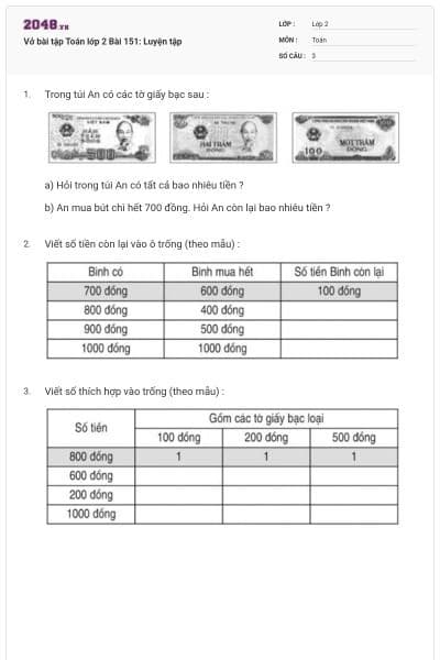 Vở bài tập Toán lớp 2 Bài 151: Luyện tập