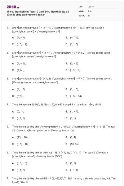 15 câu  Trắc nghiệm Toán 10 Cánh Diều Biểu thức toạ độ của các phép toán vectơ có đáp án